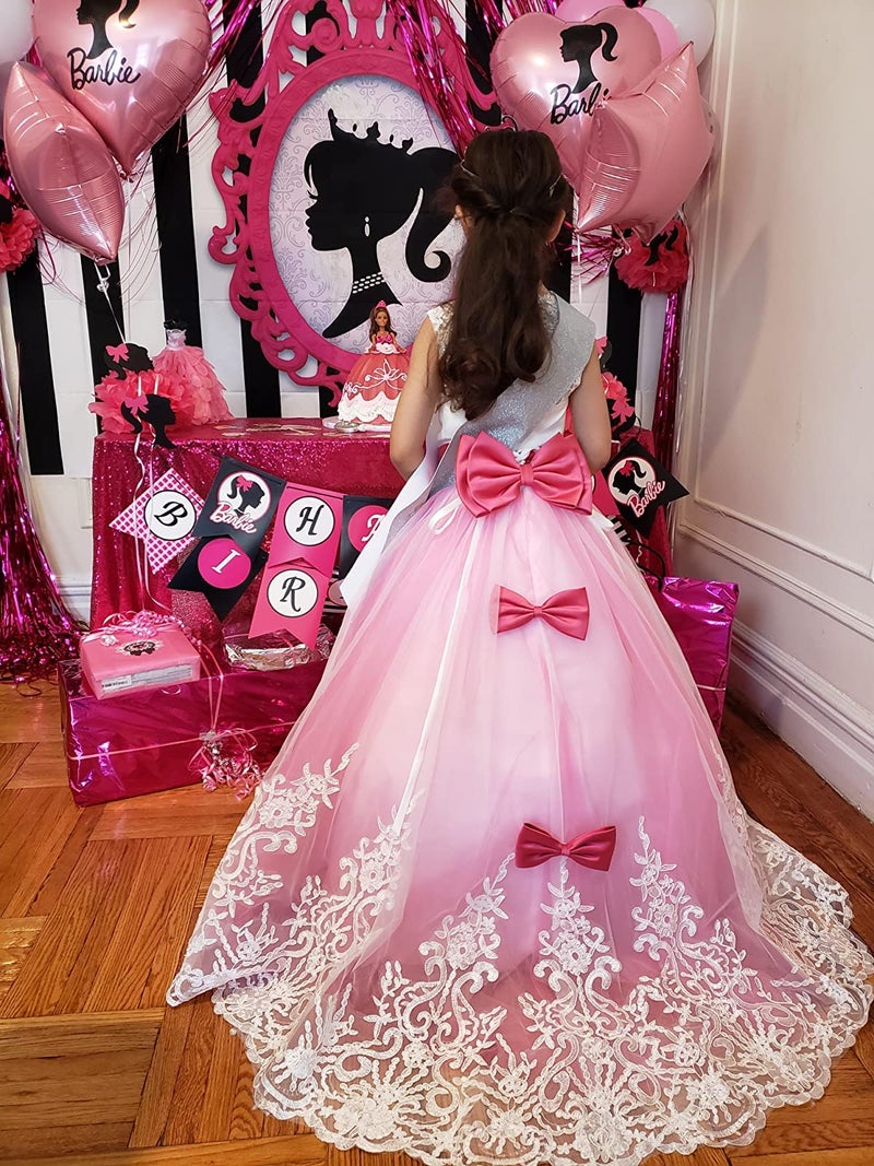 WDE Princess Hot Pink Long Girls Pageant Dresses Kids Prom Puffy Tulle Ball Gown US 12 - Image 4